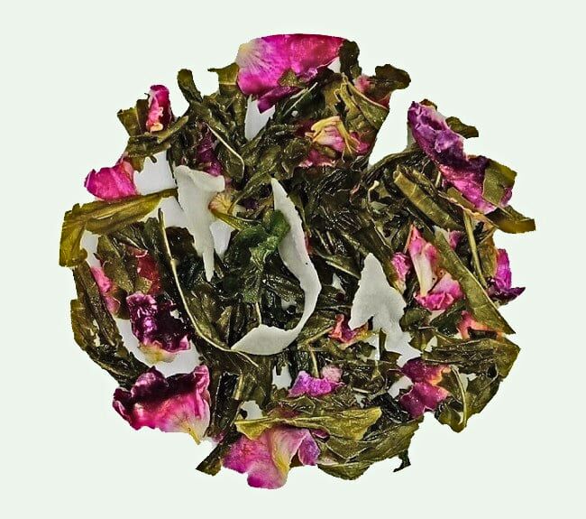 After-infusion wet leaves of Coconut Sencha tea