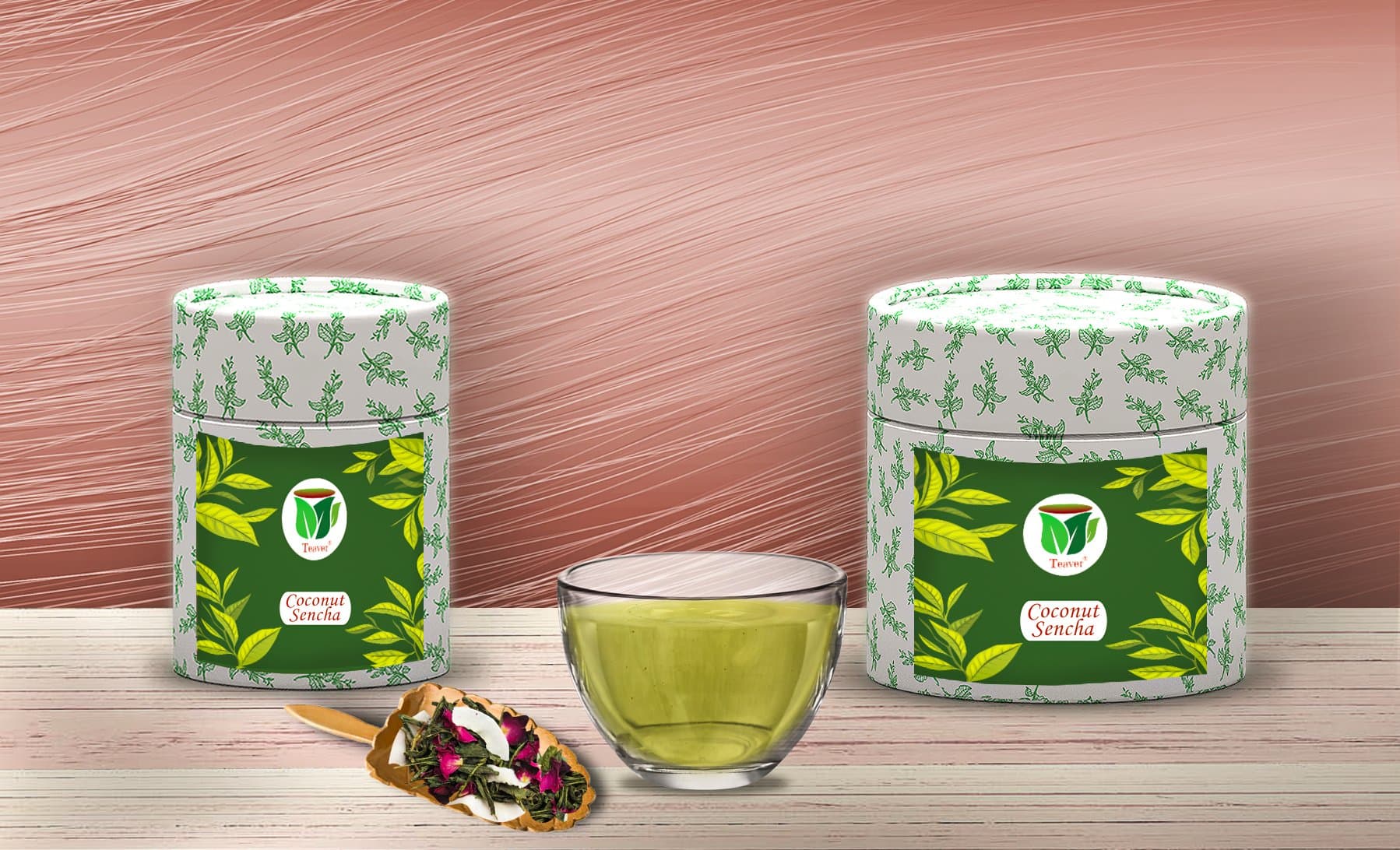 Coconut Sencha: tea boxes, cup infusion, dry tea leaves