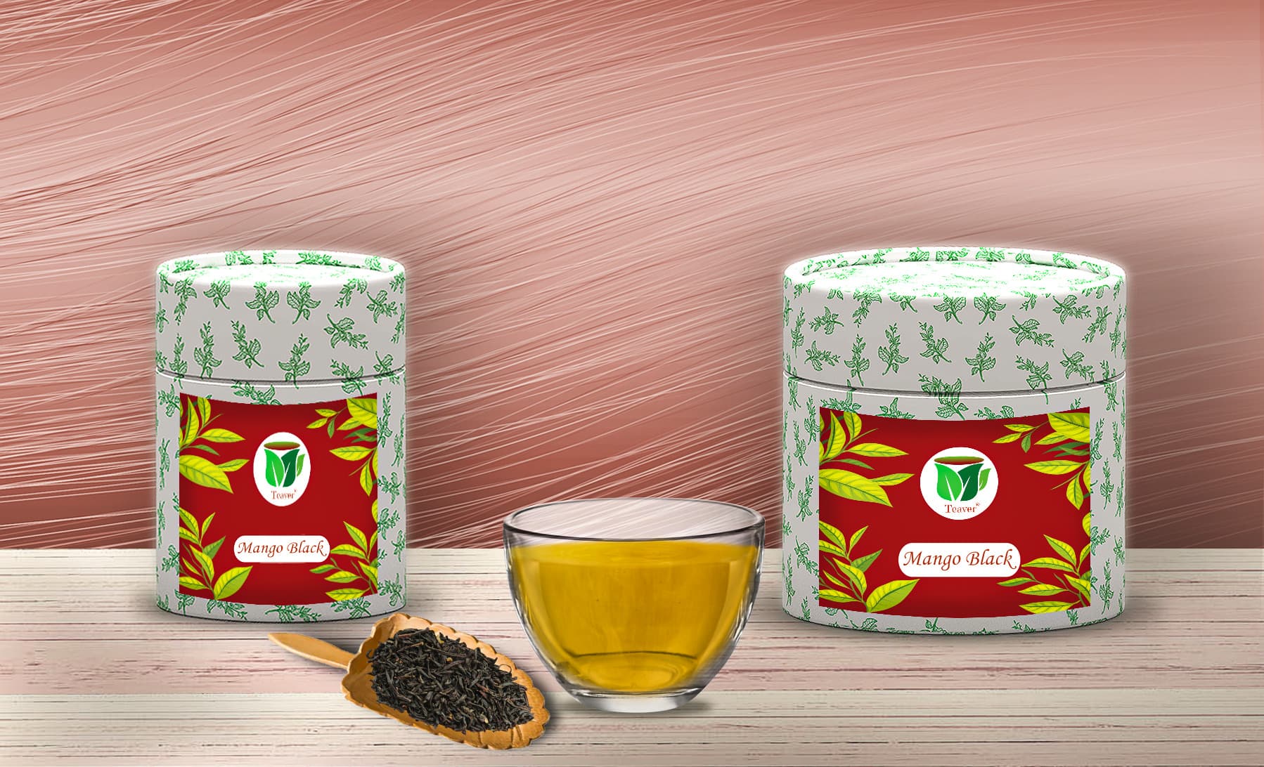 Mango Black: tea boxes, cup infusion, dry tea leaves