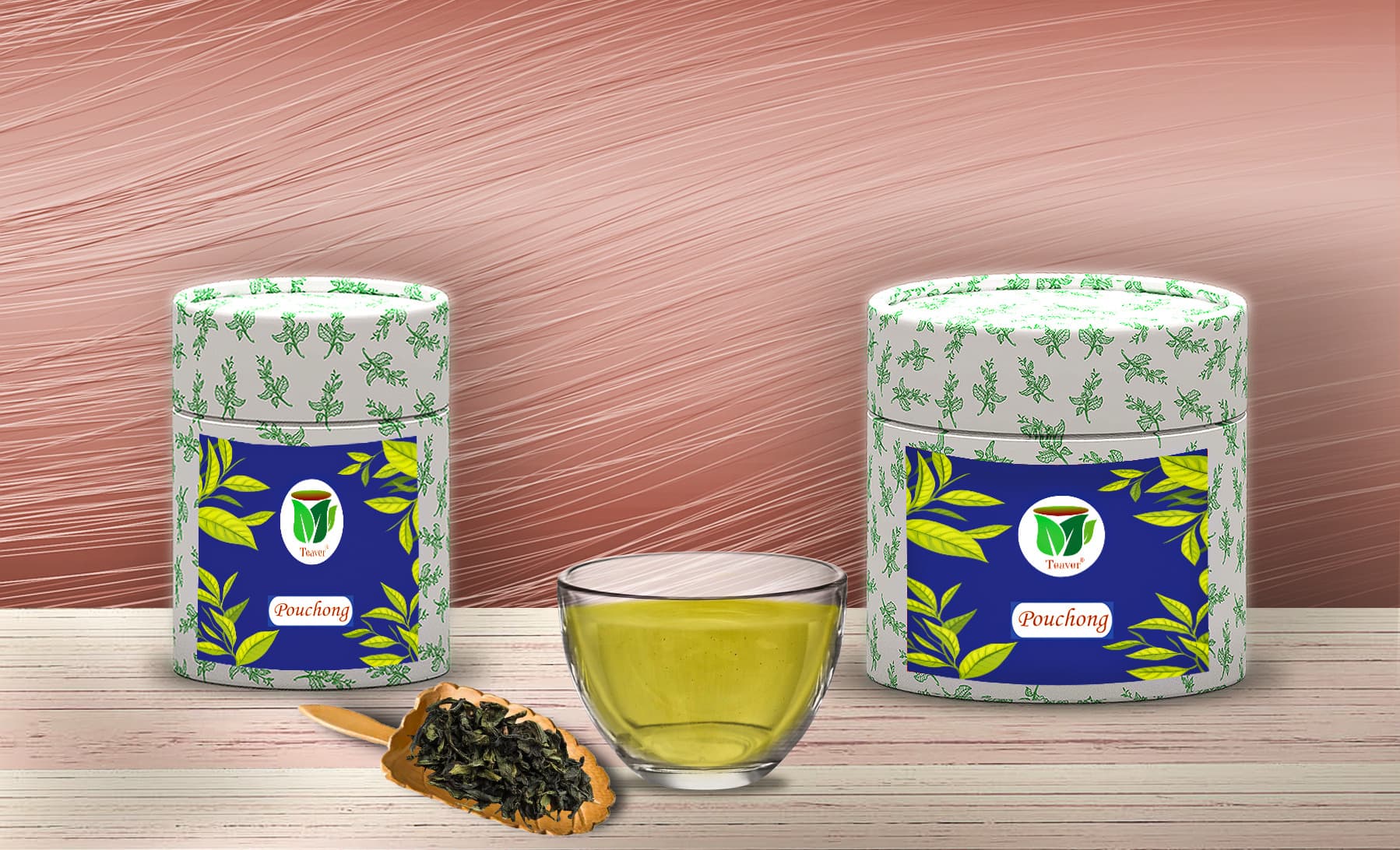 Pouchong: tea boxes, cup infusion, dry tea leaves